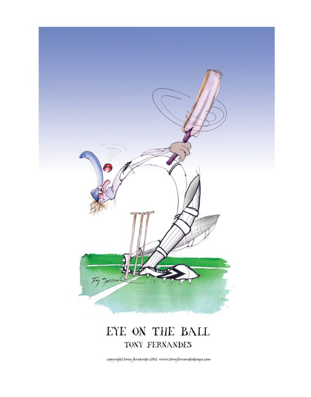 Eye on the Ball by Tony Fernandes - England Test Cricket Cartoon signed print